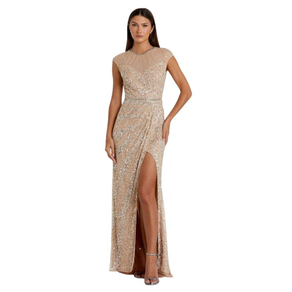 NWT Mac Duggal Beige Embellished Illusion High Neck Cap Sleeve Gown, Sz 8 498$